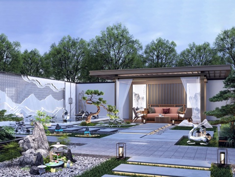 New Chinese Garden Landscape Zen Landscape Water-stacked Landscape Spavilion Landscape Wall