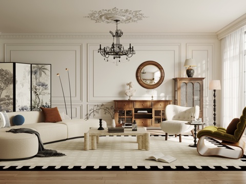 French Retro Home Living Room Horizontal Hall Large Flat Floor Living Room Black and White Grey Living Room