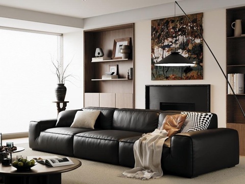 Middle ancient cream home living room_modern middle ancient cream living room_luxury three-person sofa_big black cow sofa