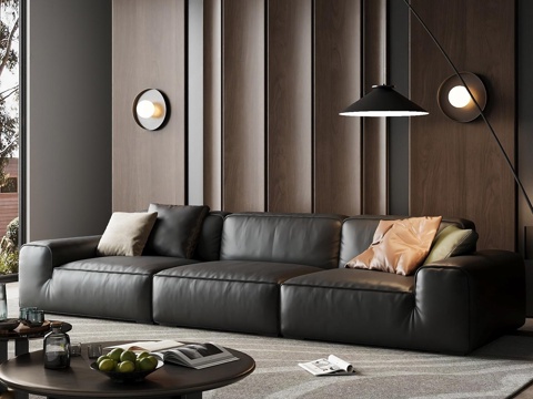 Modern luxury home living room_Italian minimalist advanced living room_big black cow three-person sofa_tea table carpet