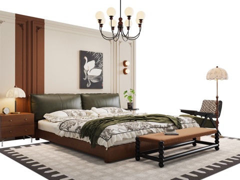 French Mid-century Style Bedroom Double Bed Leather Double Bed Bed End Stool Bedroom Chandelier French Line