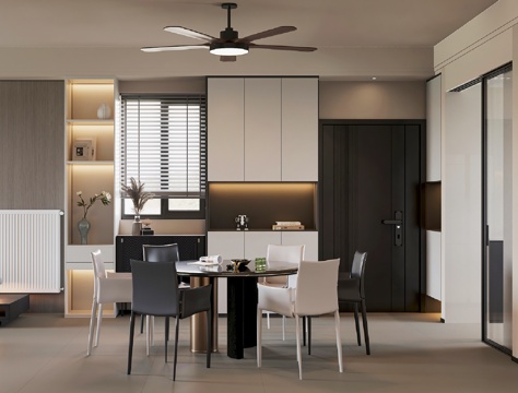 Modern DiningRoom Round Dining Table Fan Light Light Affordable Luxury Style Restaurant Italian Black and White Grey Door