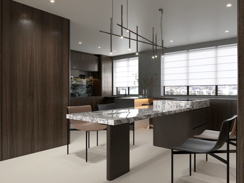 Modern DiningRoom Affordable Luxury Style Restaurant Italian Restaurant Black and White Grey Dining Table Island Bar