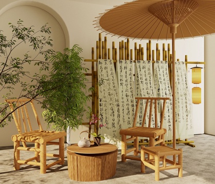 New Chinese Other Chair Outdoor Rattan Chair Bamboo Fence Oil Paper Umbrella Lantern