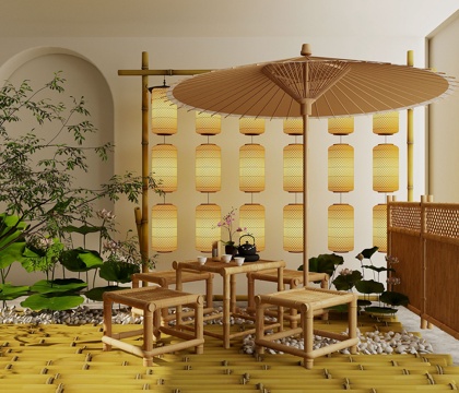 Neo-Chinese Style Other Chair Outdoor Rattan Chair Lotus Oil Paper Umbrella Lantern Combination Bamboo Fence