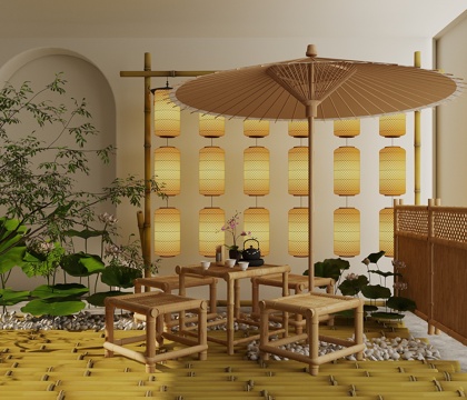 Neo-Chinese Style Other Chair Outdoor Rattan Chair Lotus Oil Paper Umbrella Lantern Combination Bamboo Fence