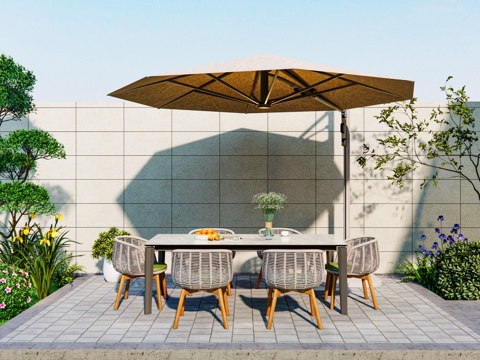 Modern Outdoor Dining Table and Chair One Table and Six Chairs Rock Plate Dining Table Round Parasol Jewelry Ornaments Green