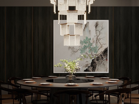 New Chinese-style Box DiningRoom Box Dining Table and Chair Combination Chandelier Decorative Painting