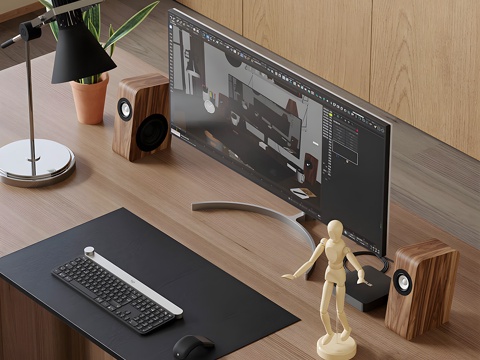 Desktop Computer Study Computer Monitor Keyboard Mouse Coffee Vase Table Lamp