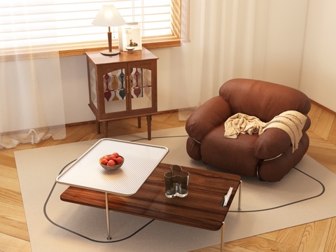 Affordable Luxury Style Single Person Sofa Casual Sofa Leather Sofa Side Table Corner Table Lamp Carpet