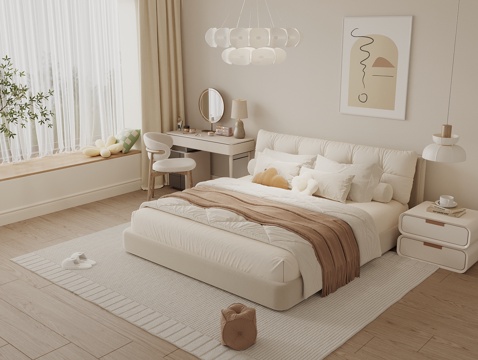 Modern Cream Style Bedroom Floating Windowsill Bedroom Dressing Table Double Bed Bedside Table Bay Window Mat