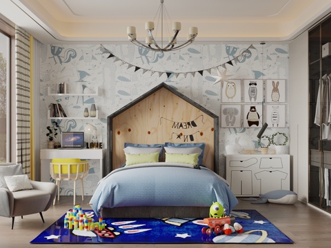 Modern Simple kids Bedroom Boy's Room Blue Children's Room kids Bed Bedside Wall