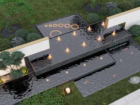 Modern courtyard waterscape wall stacked water pool pine wall