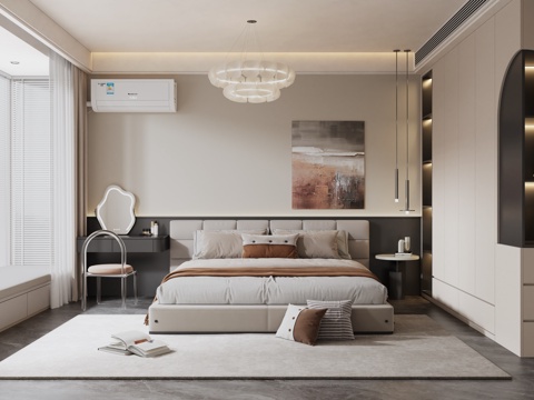 Modern Minimalist Bedroom Master Bedroom Second Bedroom Bay Window Bedroom Double Bed Bedside Table Chandelier Painting