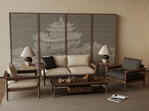 Neo-Chinese Style Sofa Coffee Table and Chair Screen