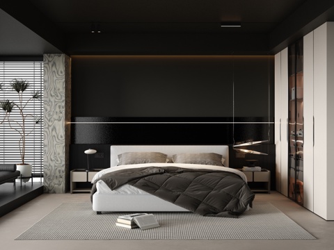 Modern Simple Home Bedroom Master Bedroom Bay Window Bedroom Black and White Bedroom Without Main Lamp Bedroom Dark