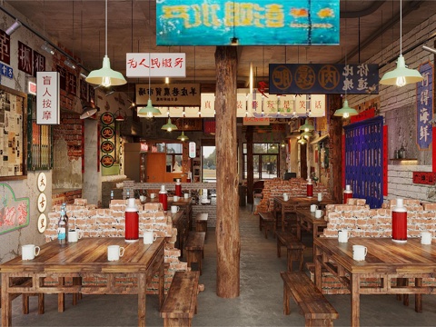 Industrial style nostalgic barbecue shop barbecue shop Hot Pot DiningRoom skewers shop Chinese restaurant hot pot tables and chairs