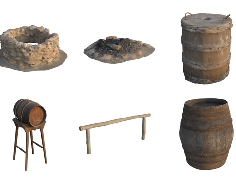 Farm paraphernalia cask wine cask wooden fence fire pile ancient water well device