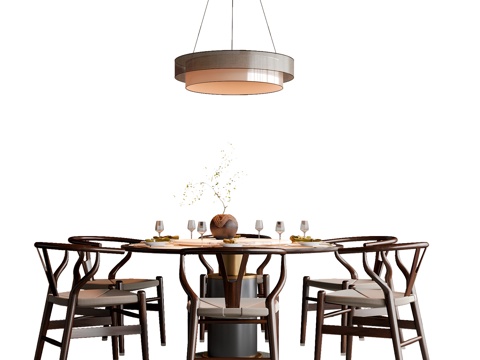 New Chinese Dining Table and Chair Combination Dining Chair Round Table Chandelier