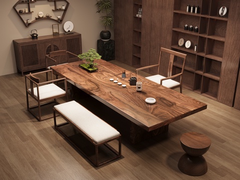 Neo-Chinese Style Solid Wood Tea Table and Chair Combination Large Board Table Tea Table Solid Wood Locker Tea Cabinet