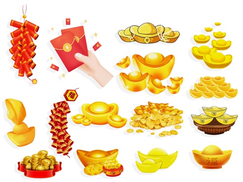 Chinese elements, auspicious clouds, silver ingots, coins, gold coins, purse bags, silhouettes, wall decorations, decorations, yuan