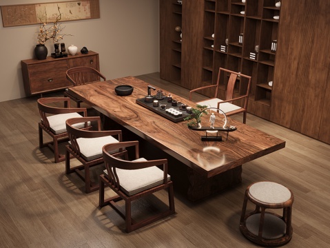 Neo-Chinese Style Solid Wood Tea Table and Chair Combination Large Board Table Tea Table Solid Wood Locker Tea Cabinet