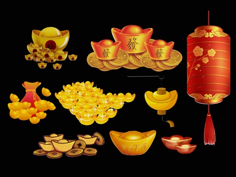 Chinese elements, auspicious clouds, silver ingots, coins, gold coins, purse bags, silhouettes, wall decorations, decorations, yuan