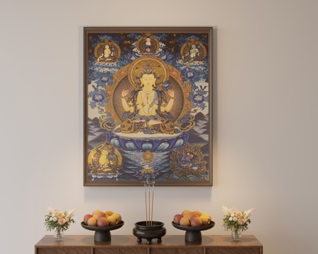 Tibetan Thangka Four-Arm Guanyin Hanging Painting