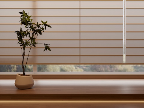 Japanese-style curtain folding roller shutter blackout curtain linen curtain clay pot green plant