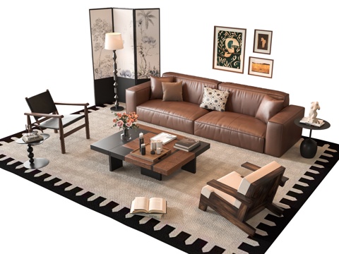 French Sofa Combination Coffee Table Leather Sofa Double Sofa Living Room Sofa