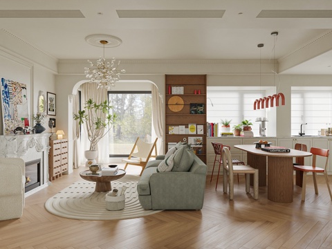 Modern Mid-century Style DiningRoom Fireplace Bookshelf Cross Hall Open Kitchen French Middle Style Mix and Match