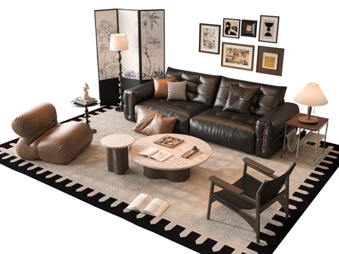 French sofa combination coffee table leather sofa two-seat sofa