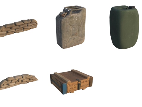 Military equipment fuel tank wooden box sandbag pile water tank