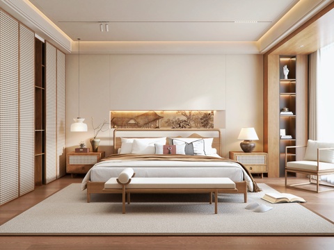 Neo-Chinese Style Home Bedroom No Main Lamp Bedroom Log Double Bed Rattan Wardrobe Bedside Cabinet Hugh