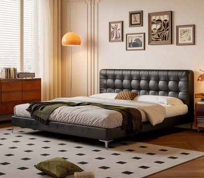 Middle Ancient Retro Home Bedroom Mid-century Style Bedroom Retro Style Bedroom Middle Ancient Style Double Bed Leather