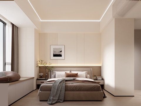 Modern cream style minimalist master bedroom master room wall-mounted air conditioning outlet