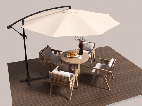 Outdoor leisure table and chairs umbrellas wooden floor