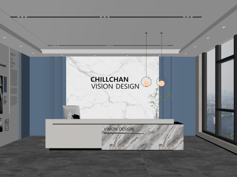 Modern company front desk Wall sofa reception area chandelier office area