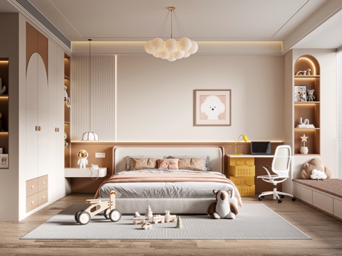 Modern Cream Style kids Bedroom Daughter Room Children's Double Bed Children's Wardrobe Children's Desk Chair