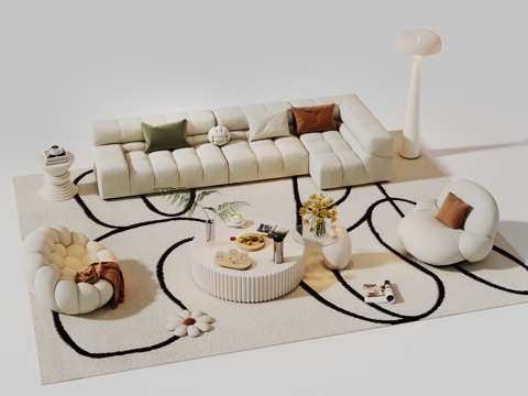 Modern Cream Sofa Combination Casual Sofa Multi-person Sofa Living Room Sofa Coffee Table Combination Carpet