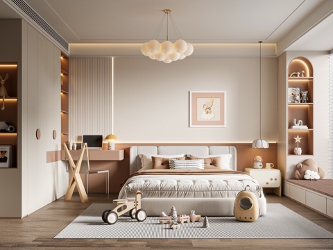 Modern Cream Style kids Bedroom Daughter Room Children's Double Bed Children's Wardrobe Children's Desk Chair