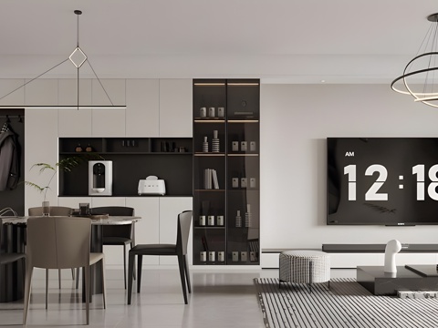 Modern Living&Dining Room Black and White Grey Guest DiningRoom Minimalist Restaurant Horizontal Hall Guest Restaurant TV Backwall