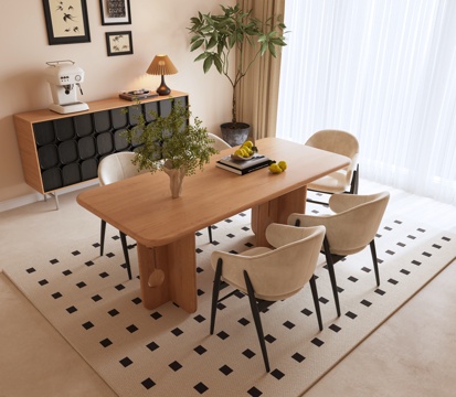 Modern Dining Table and Chair Combination Solid Wood Dining Table and Chair Combination Cream DiningRoom Dining Chair Long Table Vase