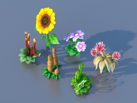 Cartoon plants, shrubs, flowers and plants