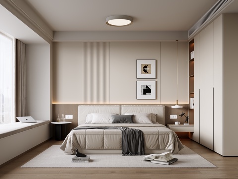 Modern Minimalist Home Bedroom Double Bed Wardrobe Hanging Painting Chandelier