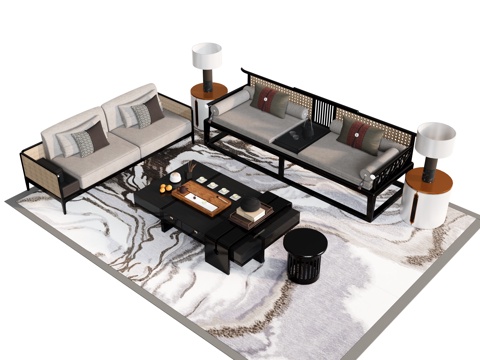 Sofa Coffee Table Combination Multi-person Sofa Three-person Sofa Coffee Table Side Table Low Table Ornaments Carpet Tea Set Table