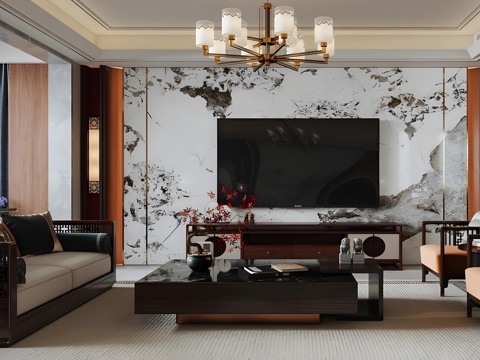 Neo-Chinese Style Home Living Room Song Style Chinese Style Living Room Chinese Style TV Wall Chinese Style Sofa Coffee Table