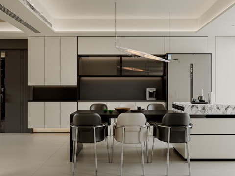 Modern DiningRoom Island Wine Cabinet Refrigerator Entrance Door Modern Living&Dining Room Simple Black and White