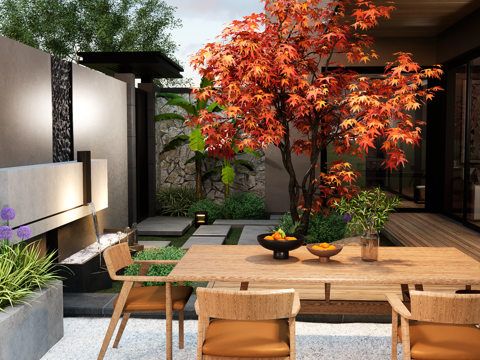 Modern villa Garden Landscape wall outdoor table and chair flowers and plants pile plant combination