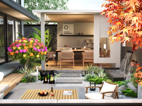 Modern Villa Courtyard Outdoor Table and Chair Waterscape Corridor Rack Flowers and Plants Flower Pond Plant Combination